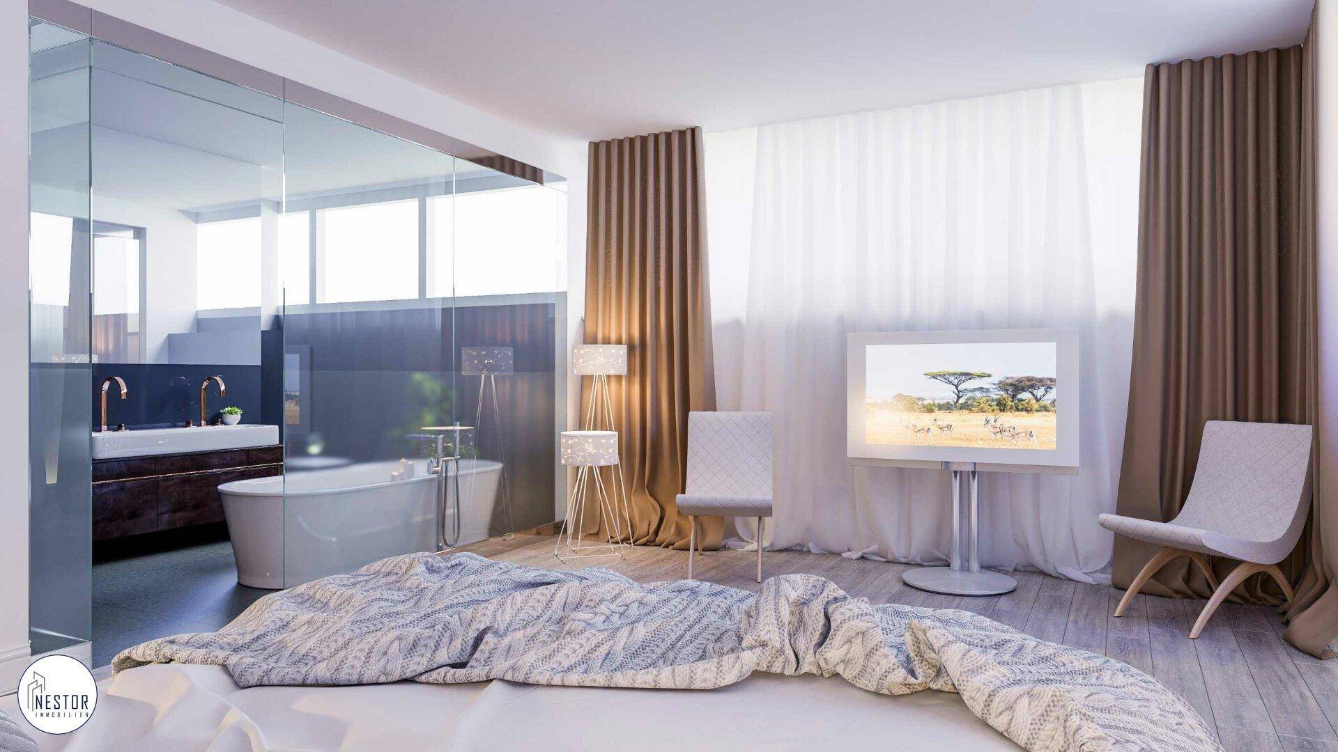 Geräumiges Schlafzimmer mit offenem Badbereich, freistehender Badewanne und großen Fenstern.