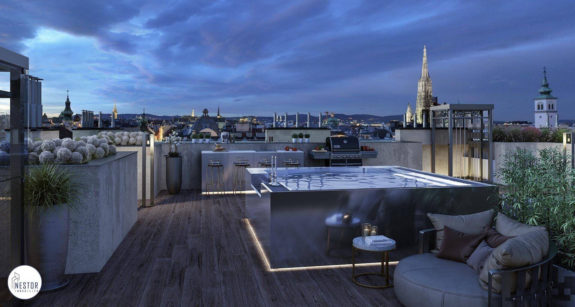 Exklusive Dachterrasse mit Whirlpool, Außenküche und atemberaubendem Blick auf die Stadt bei Nacht.