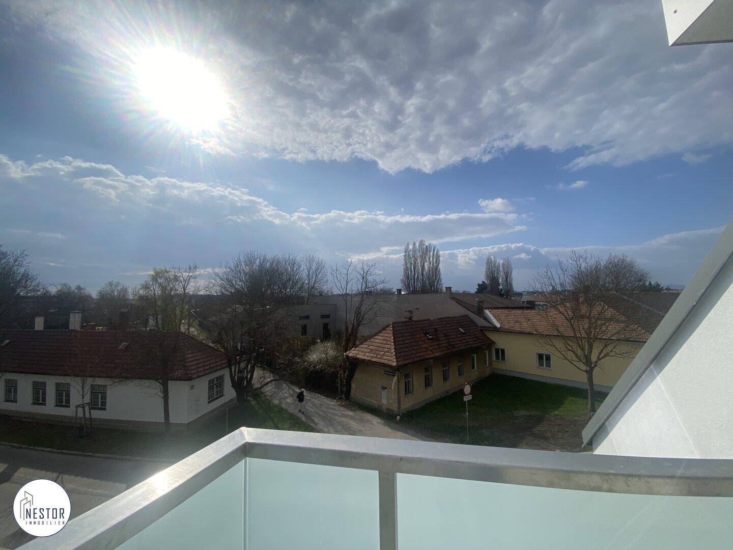 Weitläufiger Blick auf die sonnige Landschaft und die umliegenden Häuser unter blauem Himmel.