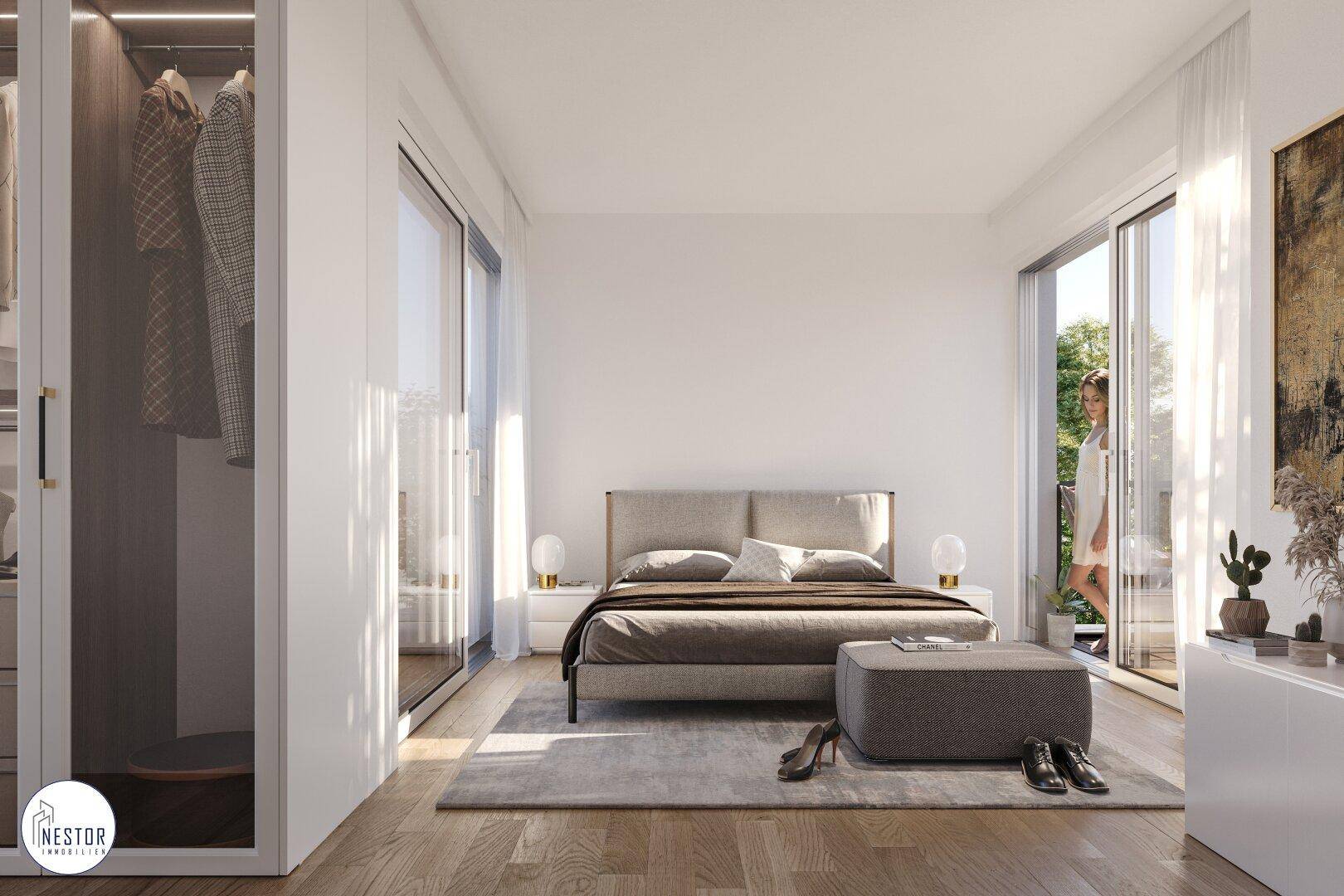 Modernes Schlafzimmer mit Holzboden, begehbarem Kleiderschrank und Zugang zum Balkon.