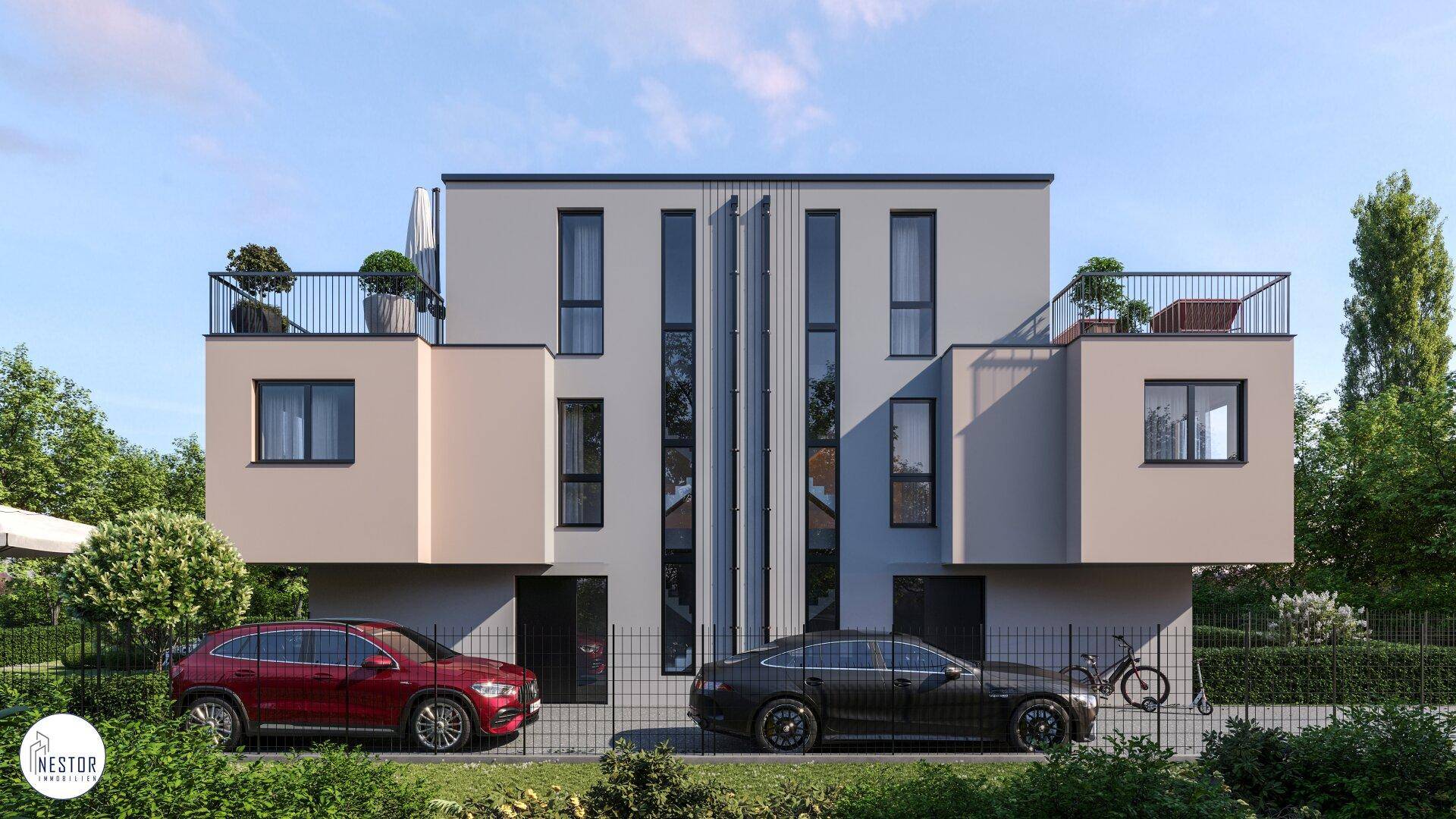 Moderne Doppelhaushälfte mit Flachdach, großen Fenstern und zwei Autos davor.