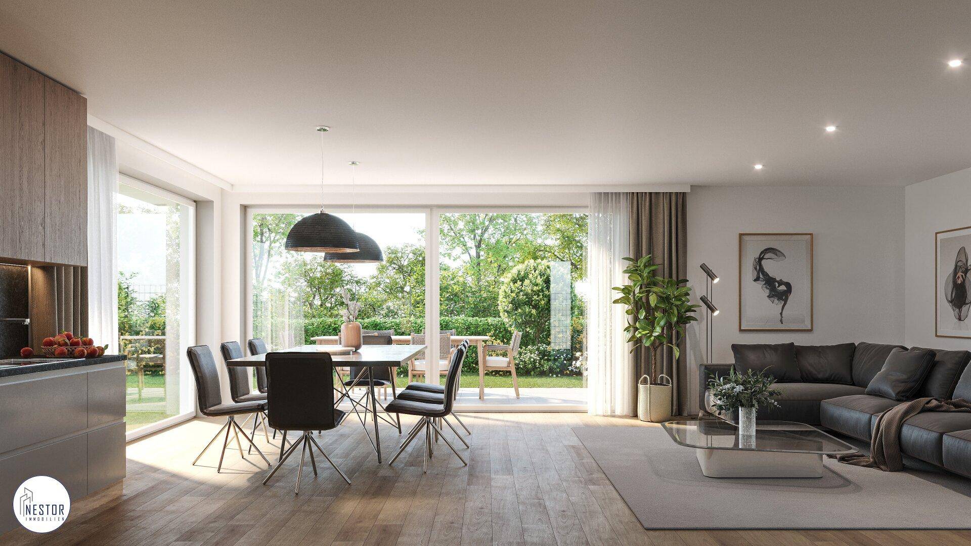 Heller Wohn-Essbereich mit Holzboden, großen Fensterfronten und direktem Zugang zum Garten.