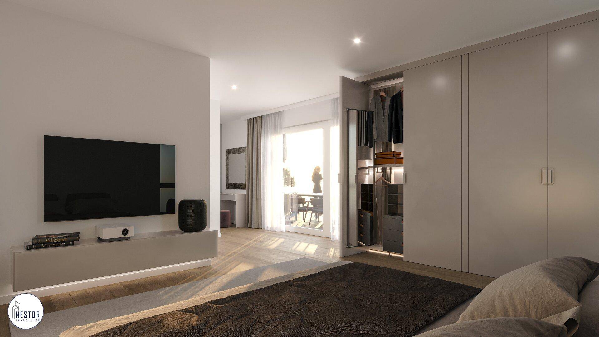Modernes Schlafzimmer mit Einbauschränken, Holzboden und Zugang zu einem Balkon.