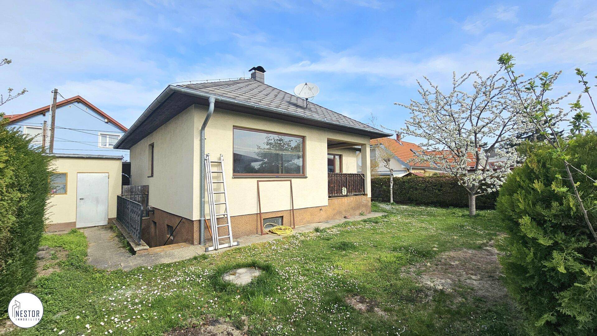 Rückansicht des Einfamilienhauses mit Garten und einer Leiter an der Fassade.