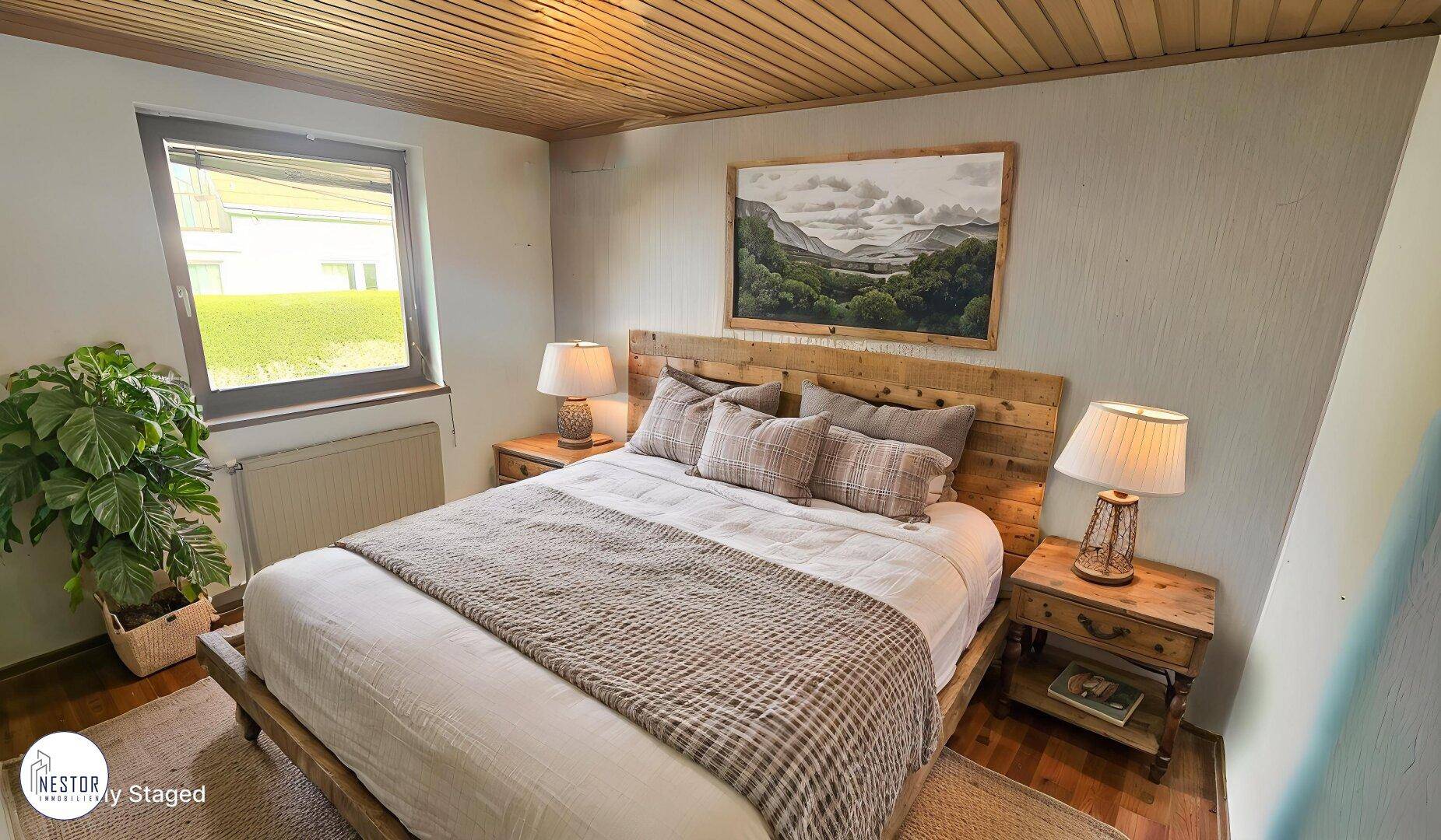 Schlafzimmer mit Holzbett, Holzdecke und Fenster mit Blick auf die grüne Umgebung.