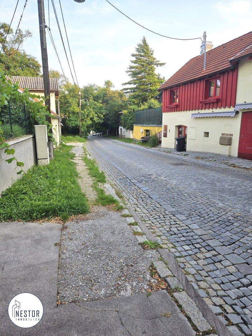 Kopfsteinpflasterstraße mit einem roten Haus auf der rechten Seite und viel Grün am Straßenrand.