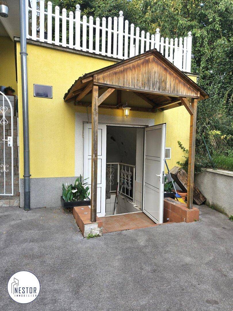 Eingang zum Untergeschoss mit kleiner Holzüberdachung und offener Tür, führt in den Keller.