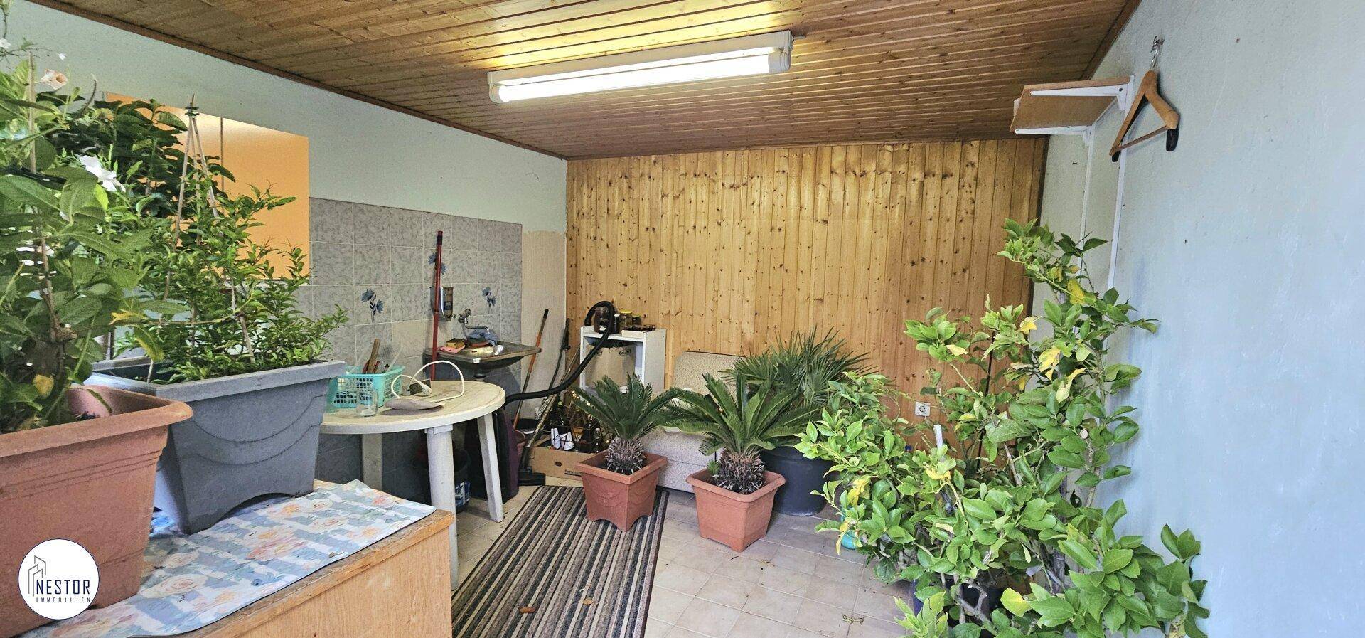 Heller Raum mit vielen Pflanzen, Holzwänden und einem Tisch, ideal für Hobbygärtner.