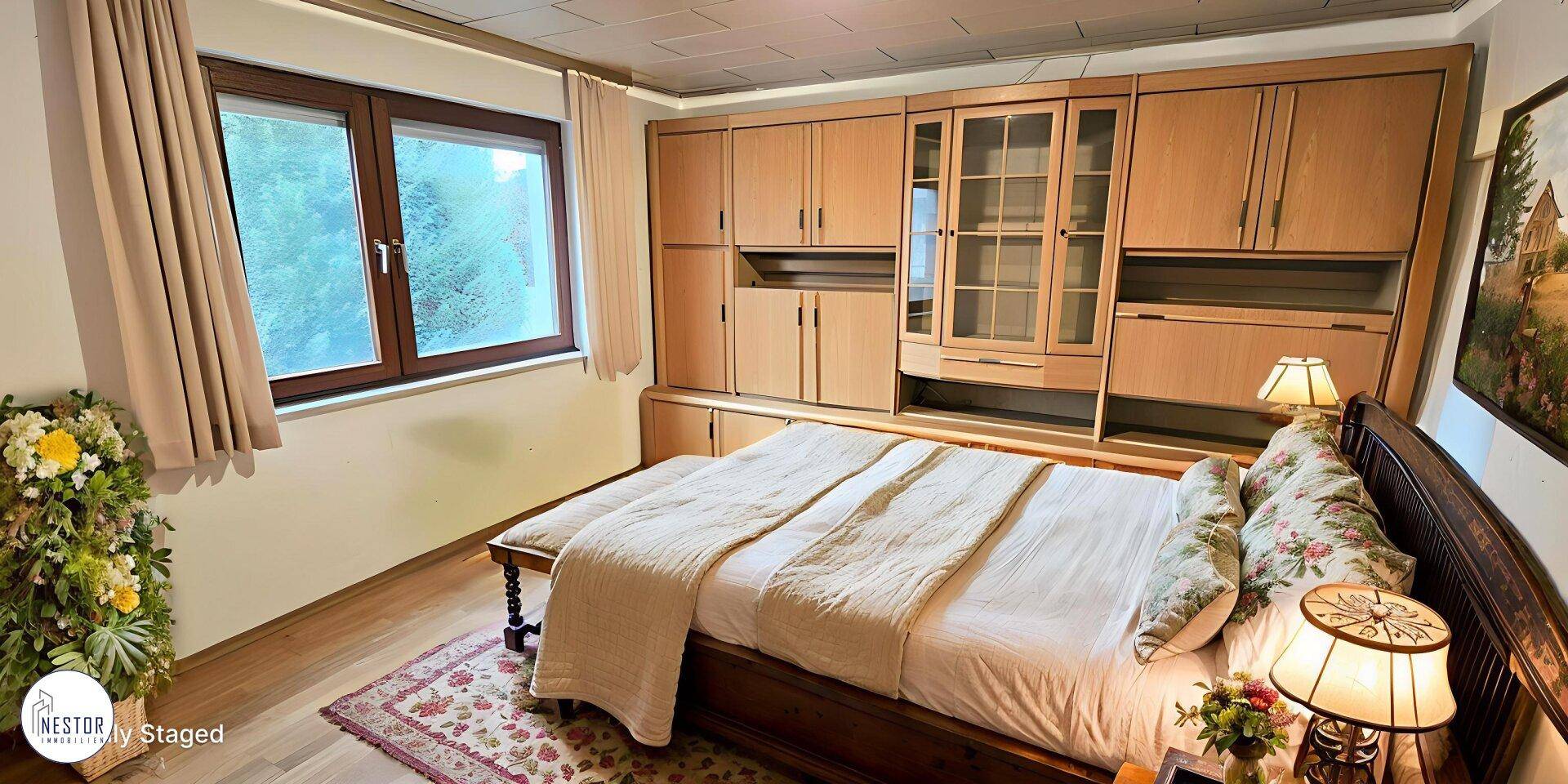 Schlafzimmer mit großem Einbauschrank, Holzboden und Blick ins Grüne.