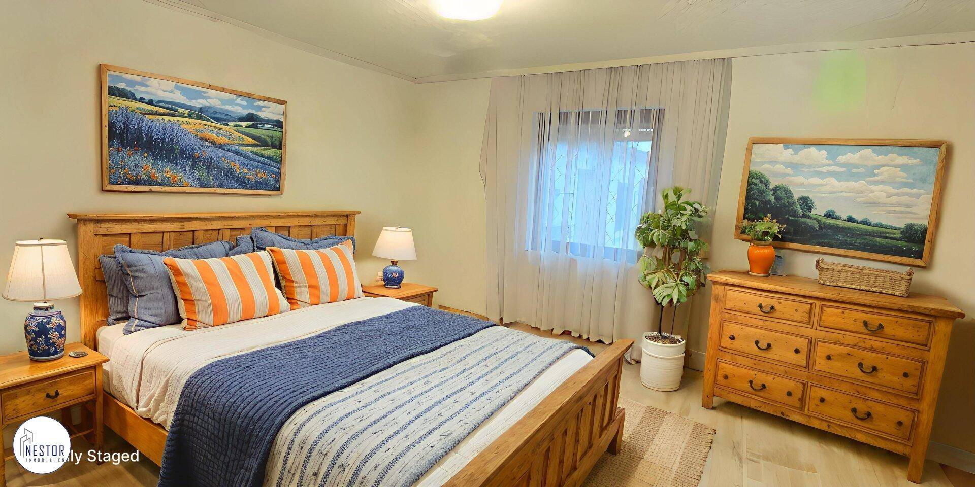 Gemütliches Schlafzimmer mit Holzbett, Nachttischen und einem Fenster mit Vorhang.