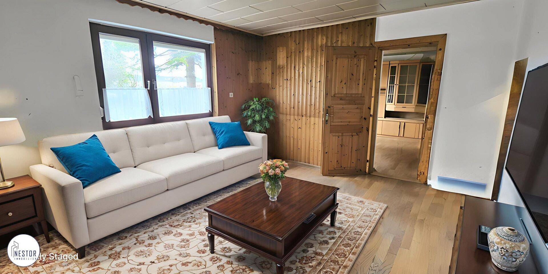 Wohnzimmer mit hellem Sofa, Couchtisch und Holzwänden, angrenzend an einen weiteren Raum.