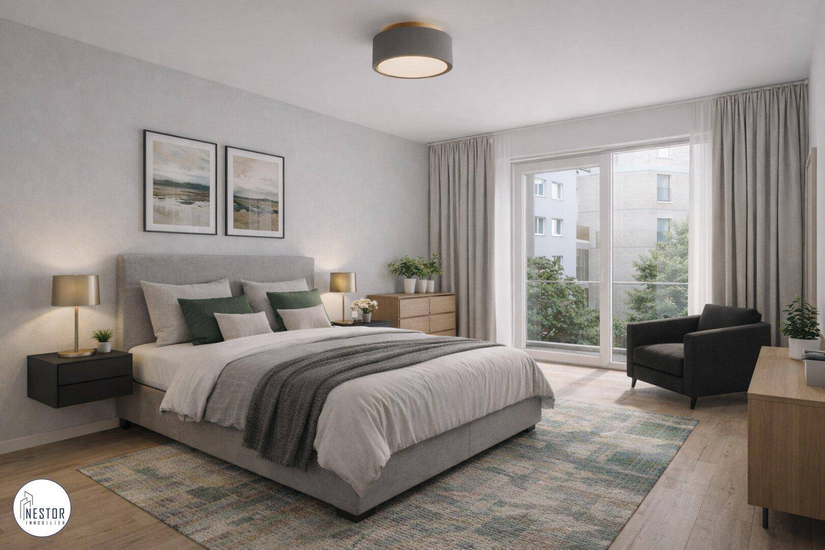 Modernes Schlafzimmer mit großem Bett, Holzboden und Zugang zu einem Balkon.