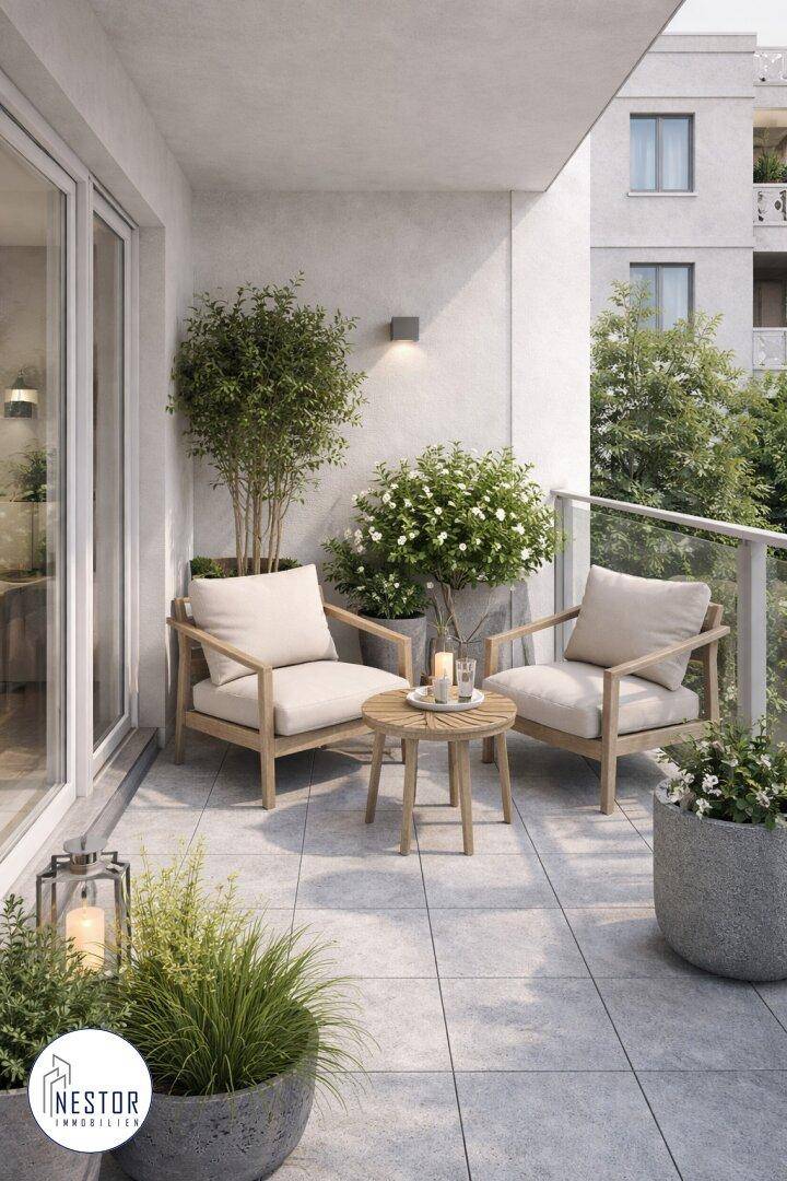 Gemütlicher Balkon mit Sitzgelegenheiten und Pflanzen, ideal zum Entspannen im Freien.