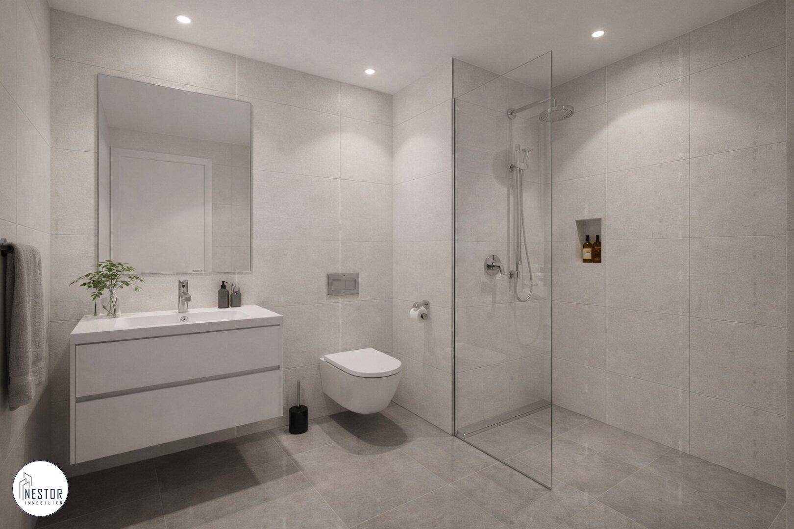 Modernes Badezimmer mit ebenerdiger Dusche, wandhängendem WC und großformatigen Fliesen.