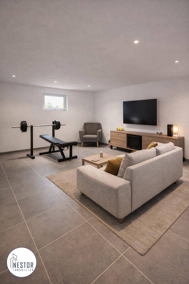 Moderner Fitnessbereich mit Trainingsgeräten, Sitzgelegenheit und Fernseher im Untergeschoss.
