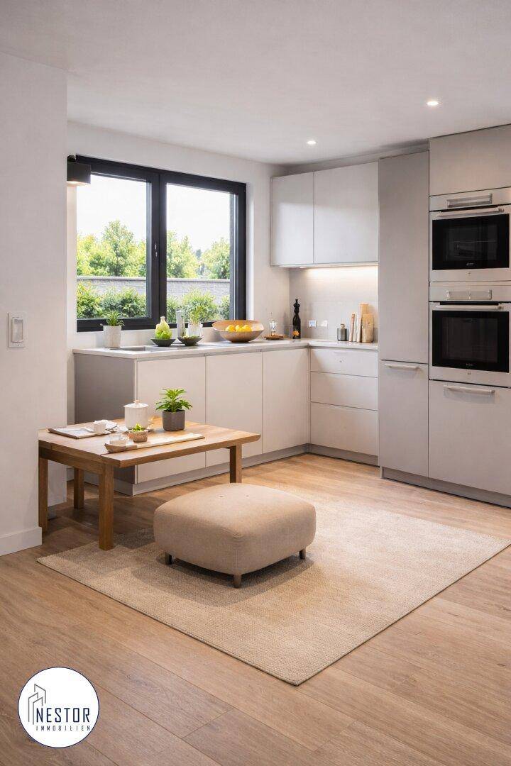 Helle, moderne Küche mit weißen Schränken, integrierten Geräten und großem Fenster.