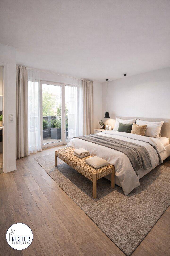 Gemütliches Schlafzimmer mit Holzboden, großen Fenstern und Zugang zu einem Außenbereich.
