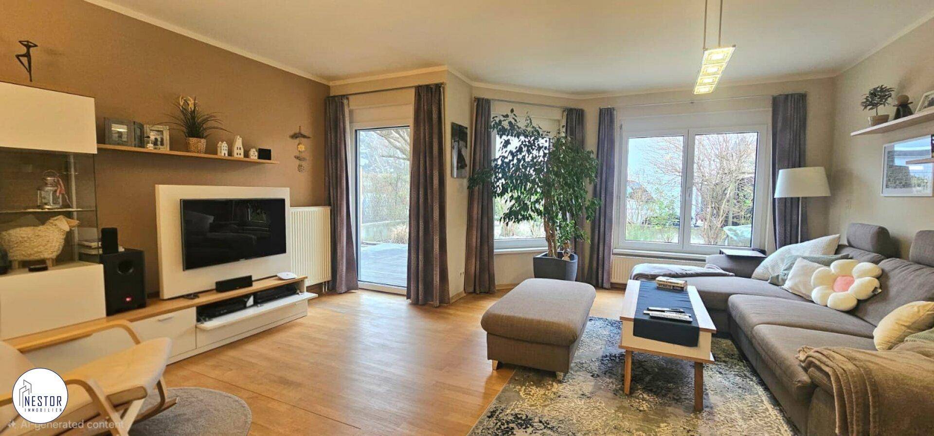 Helles Wohnzimmer mit Parkettboden, großen Fenstern und Zugang zum Gartenbereich.