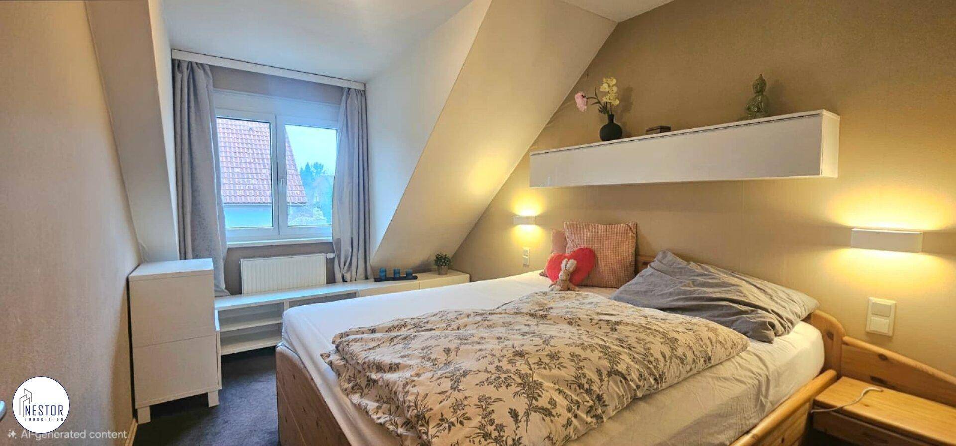 Gemütliches Schlafzimmer im Dachgeschoss mit schräger Decke und Fenster.