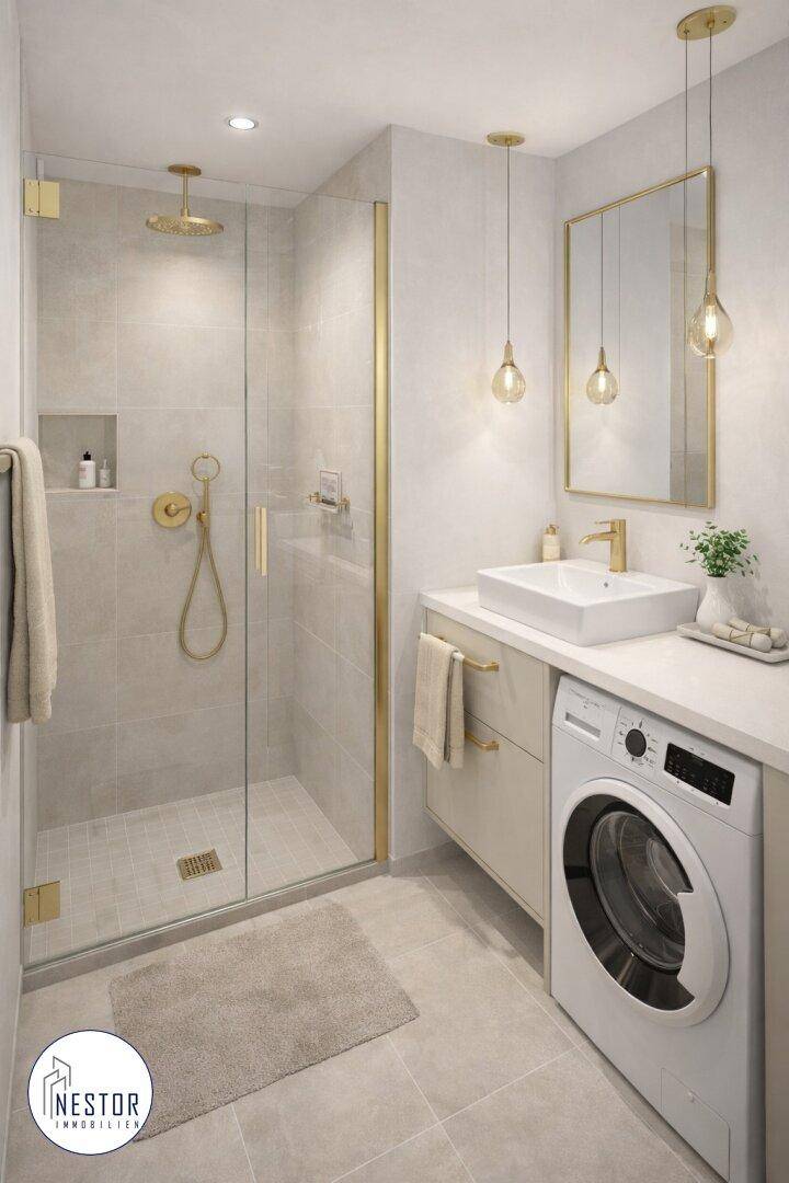 Modernes Badezimmer mit ebenerdiger Dusche, Waschmaschine und eleganten goldenen Armaturen.