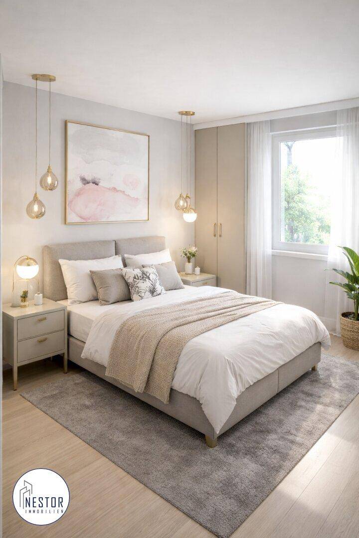 Gemütliches Schlafzimmer mit Doppelbett, Einbauschrank und viel natürlichem Licht.