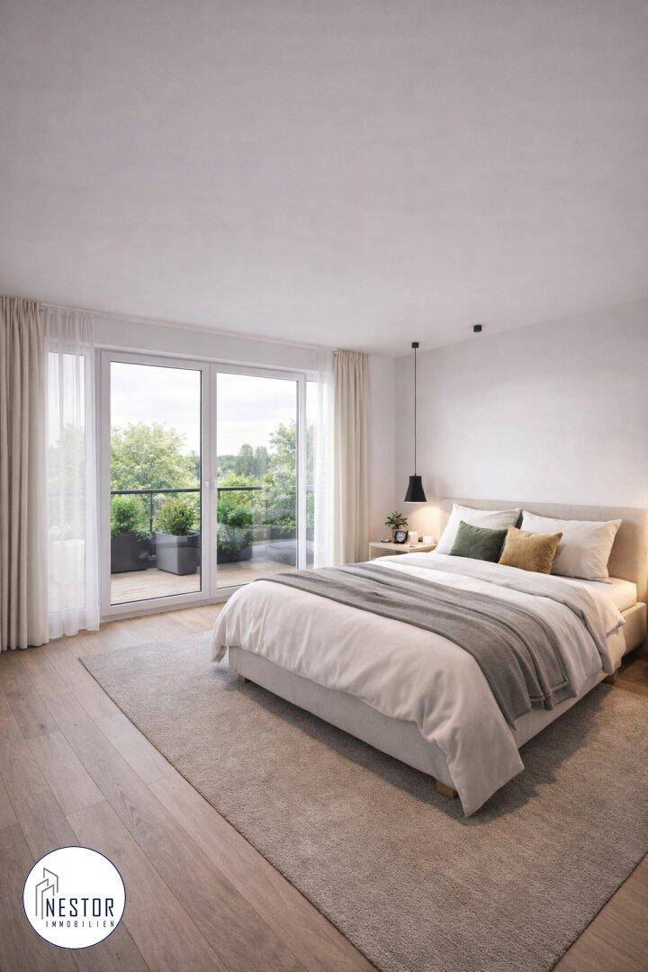 Modernes Schlafzimmer mit Holzboden, großen Fenstern und Zugang zu einem kleinen Balkon.