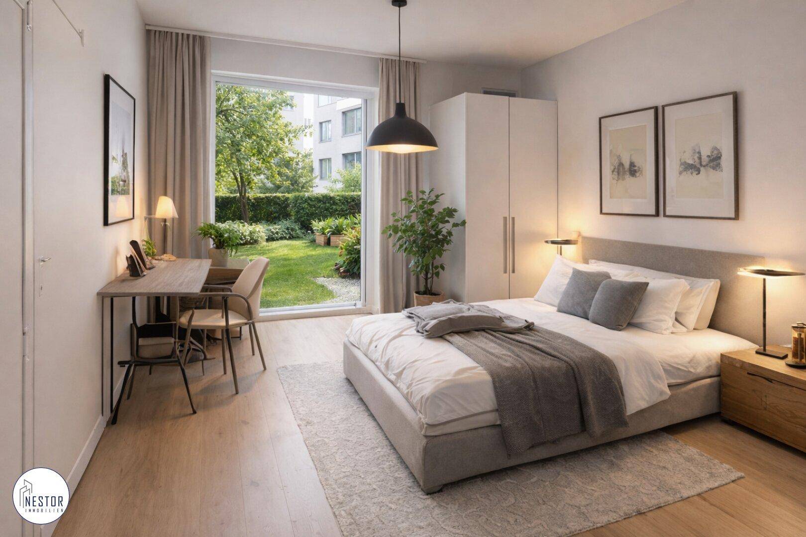 Modernes Schlafzimmer mit großem Bett, Schreibtisch und direktem Blick in den Garten.