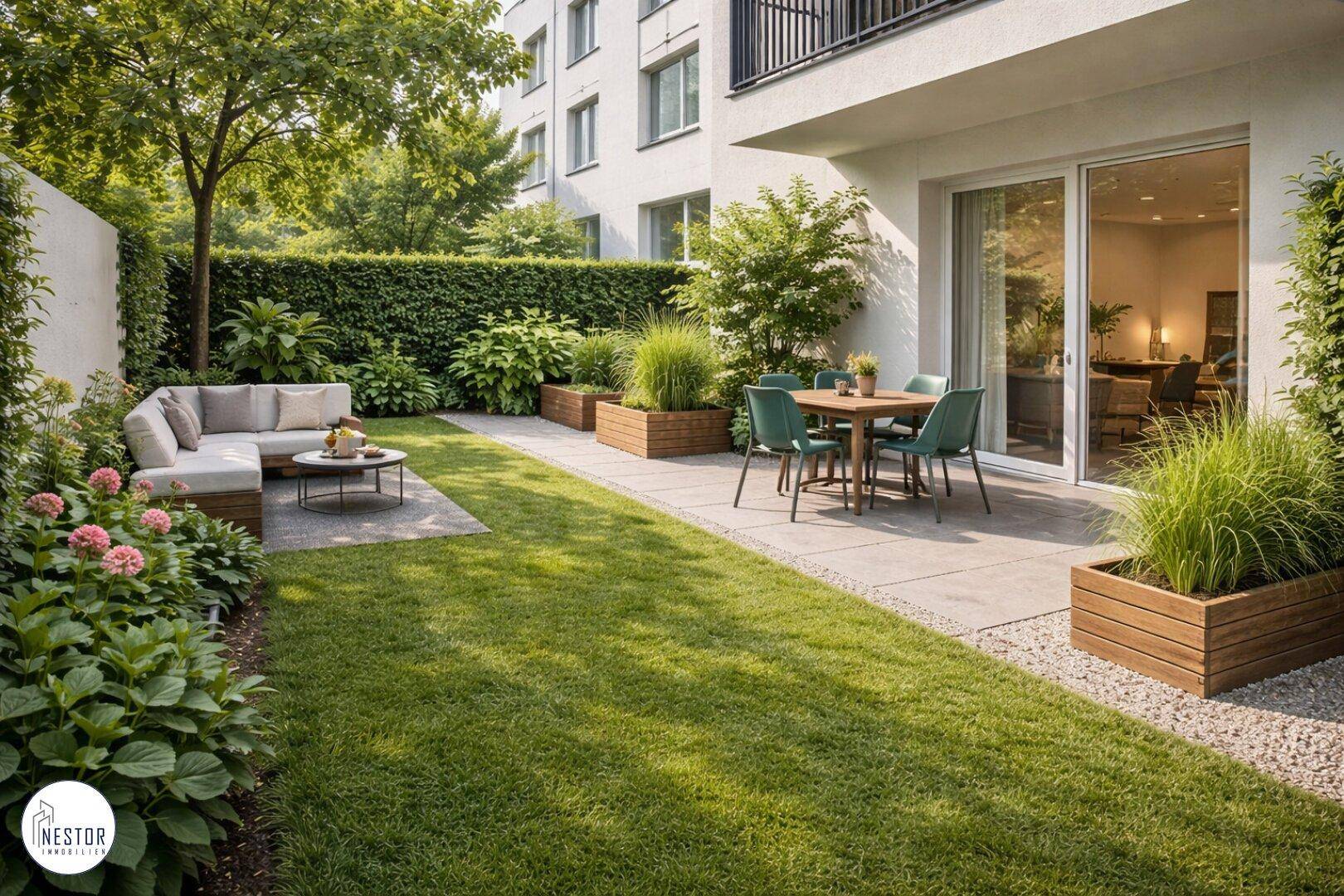 Gepflegter Garten mit Rasenfläche, Terrasse und gemütlicher Sitzgruppe im Freien.