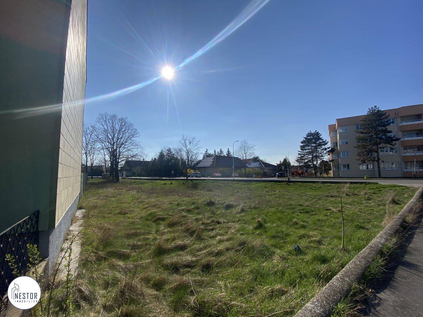 Sonniges Grundstück mit Grasfläche und Blick auf die Umgebung.