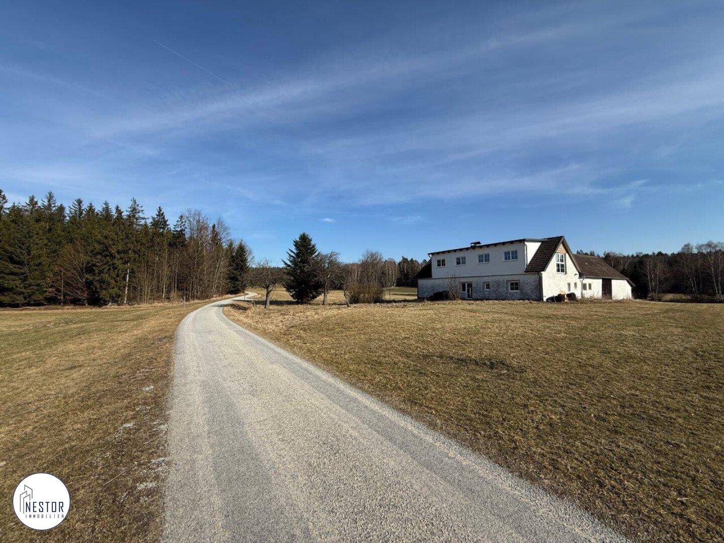 Lange Schotterzufahrt führt zu einem ländlichen Anwesen, umgeben von Feldern und Wald.