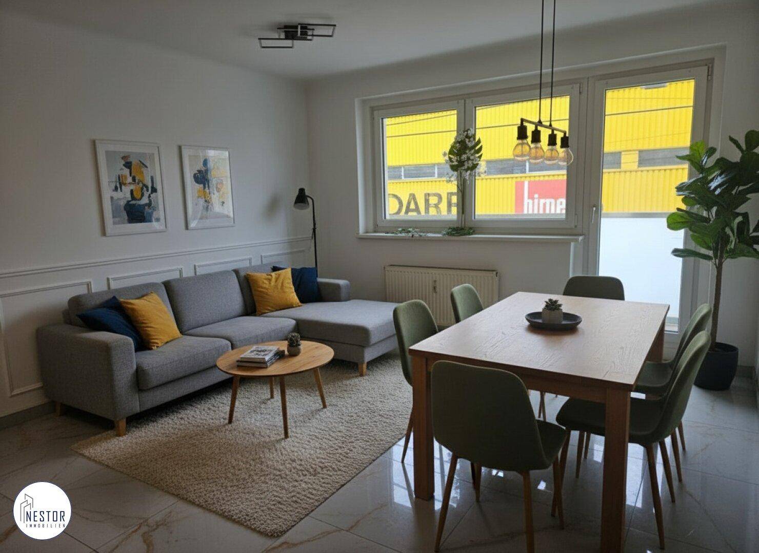 Heller Wohn- und Essbereich mit modernem Sofa, Esstisch und großen Fenstern.