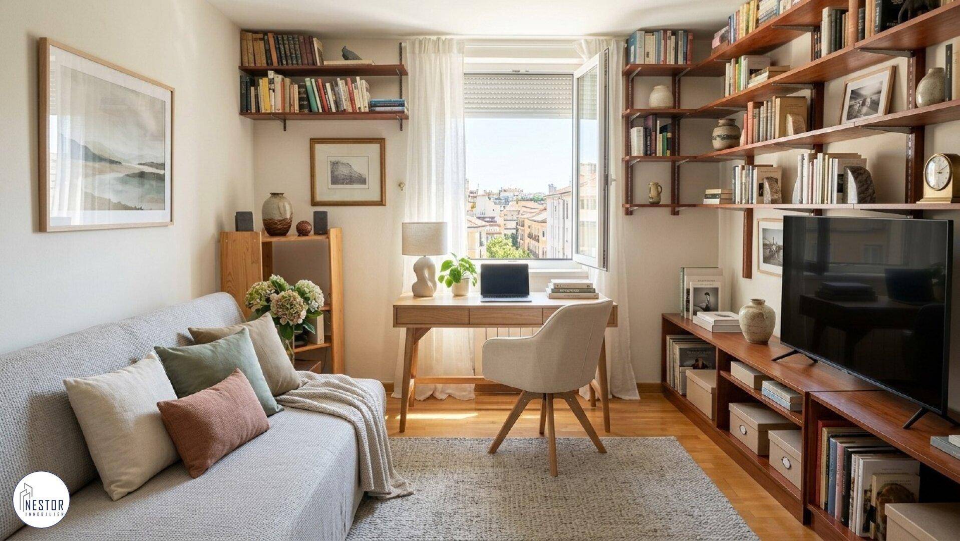 Gemütliches Wohnzimmer mit Bücherregalen, Schreibtisch und Sofa.