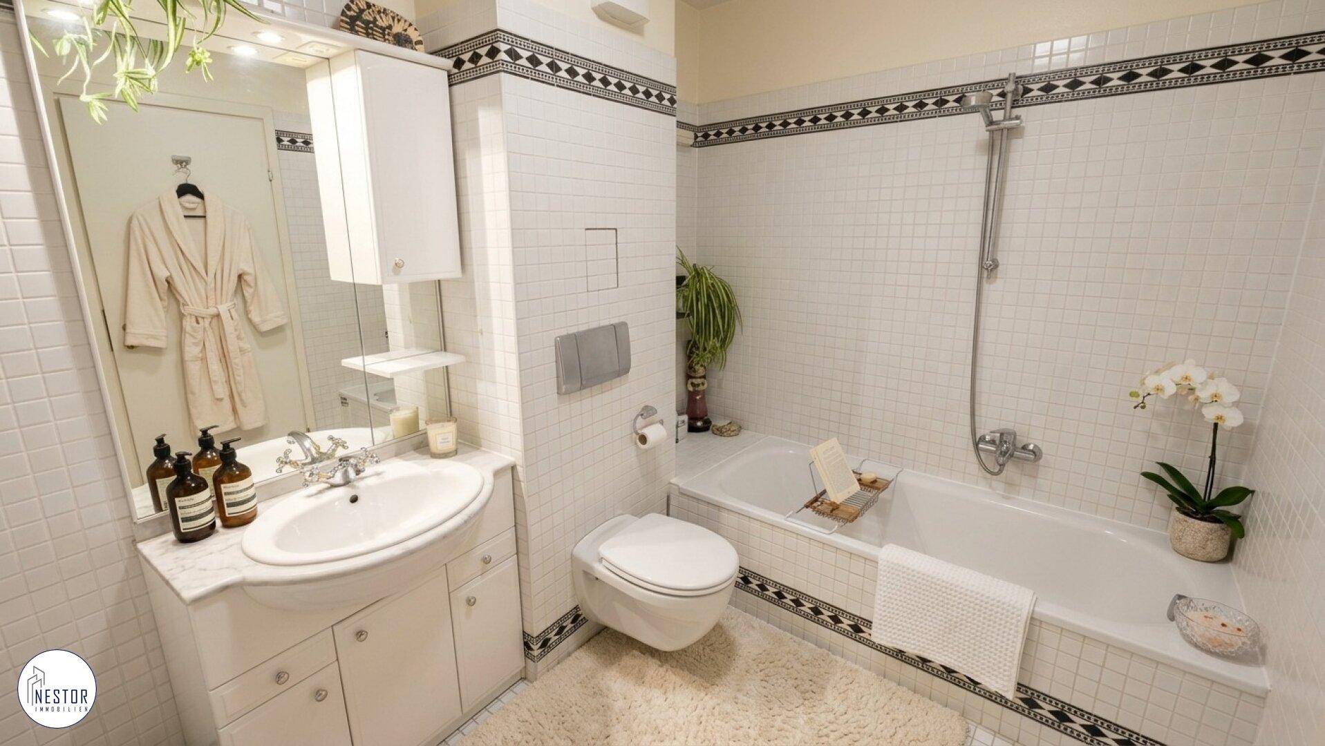 Helles Badezimmer mit Badewanne, Waschbecken und Wand-WC.