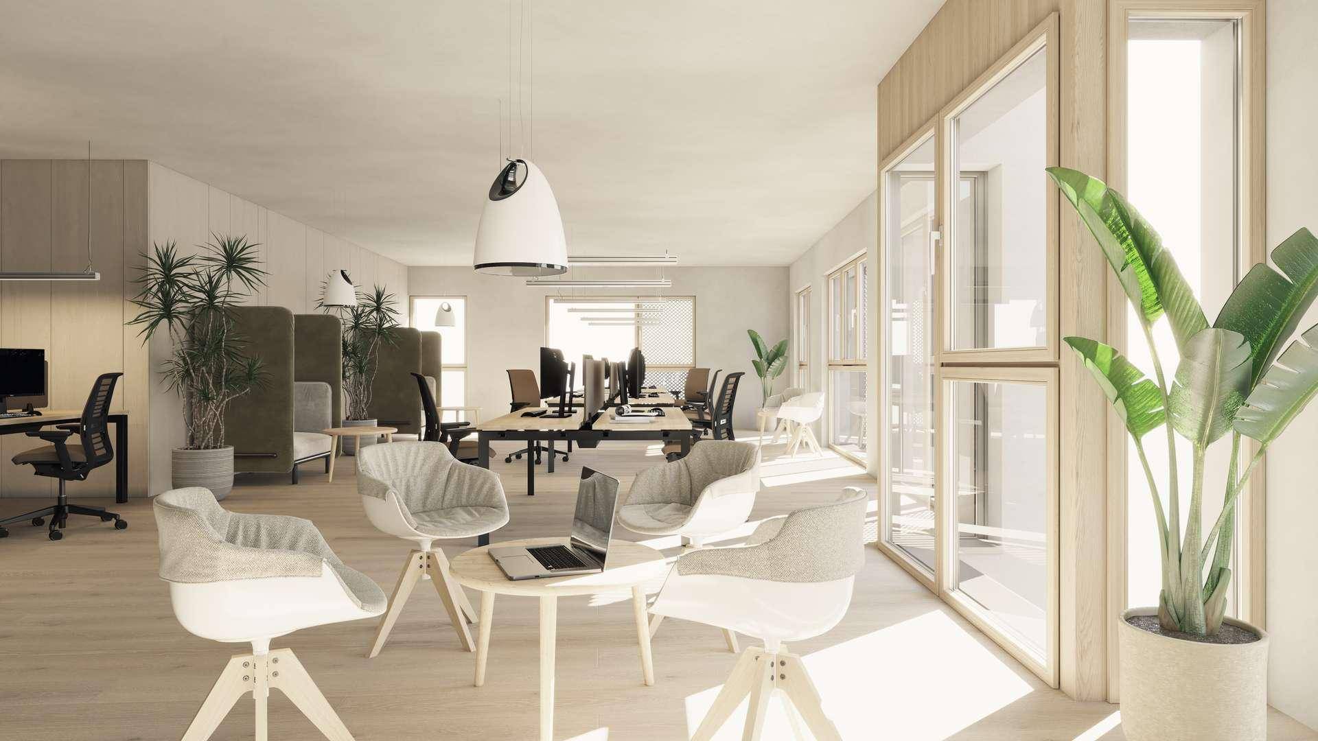 Helles und modernes Büro mit großen Fenstern, Holzboden und Pflanzen, ideal für kreatives Arbeiten.