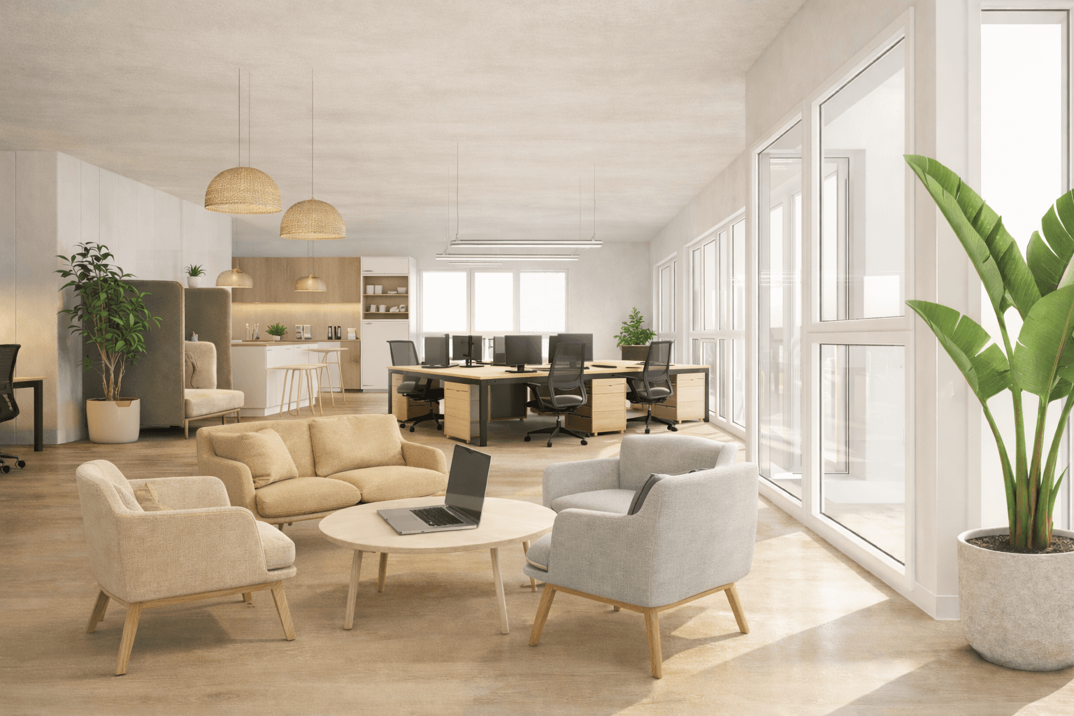 Modernes Großraumbüro mit Lounge-Bereich, Arbeitsplätzen und integrierter Küchenzeile.