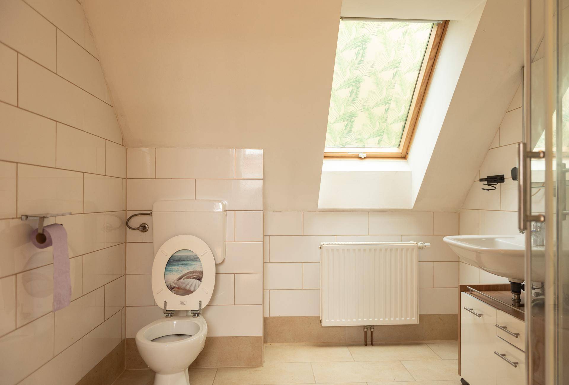 Helles Badezimmer im Dachgeschoss mit Dachfenster, WC, Waschbecken und Duschbereich.