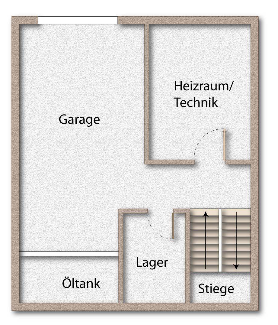 Grundriss des Untergeschosses mit Garage, Heizraum, Öltank und Lagerbereich.