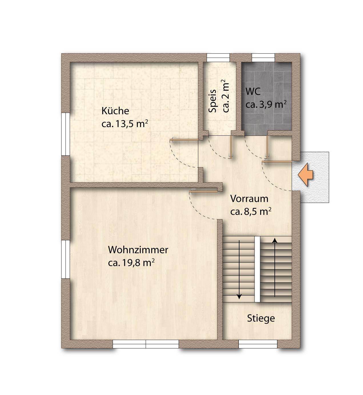 Grundriss des Erdgeschosses mit Küche, Wohnzimmer, Vorraum und separatem WC.