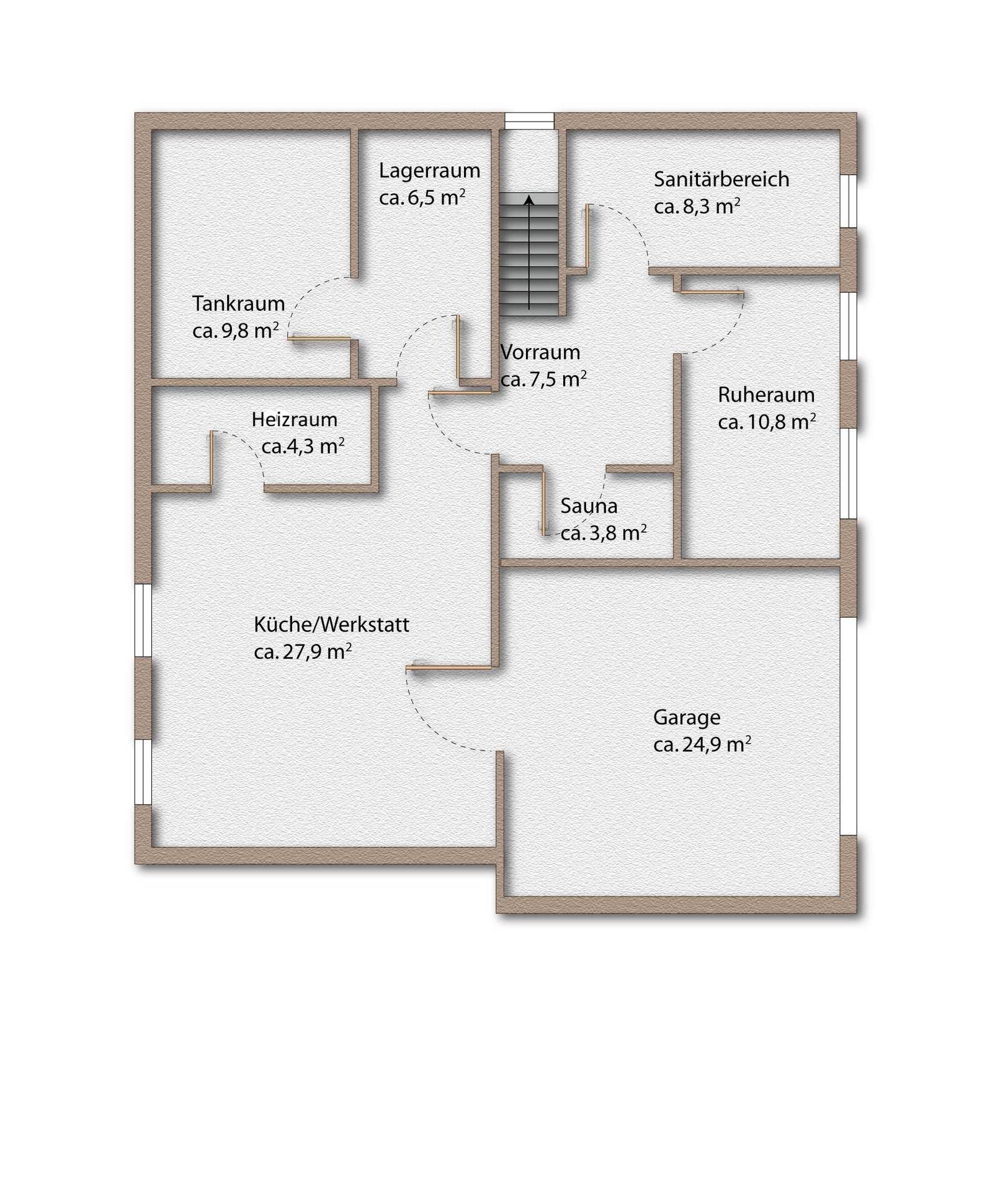 Grundriss des Untergeschosses mit Garage, Sauna, Lagerraum, Heizraum und Sanitärbereich.