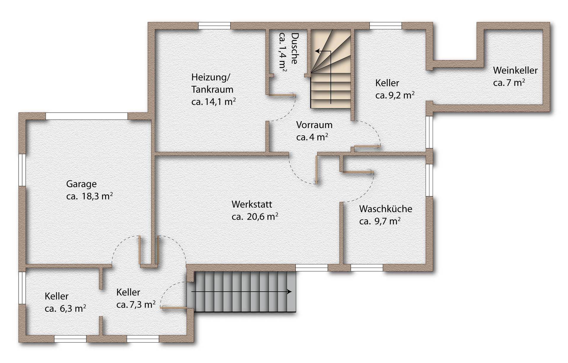 Grundriss des Kellers mit Garage, Werkstatt, Waschküche, Keller und Weinkeller.