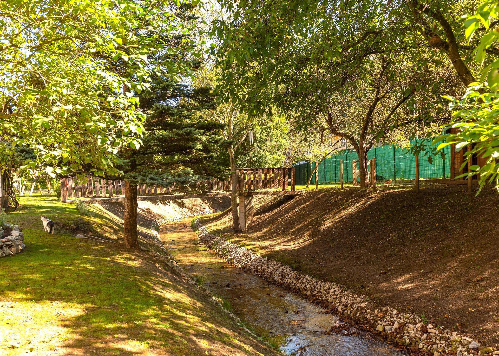 Bachlauf in einer grünen Umgebung mit Bäumen und einer Holzbrücke im Hintergrund.
