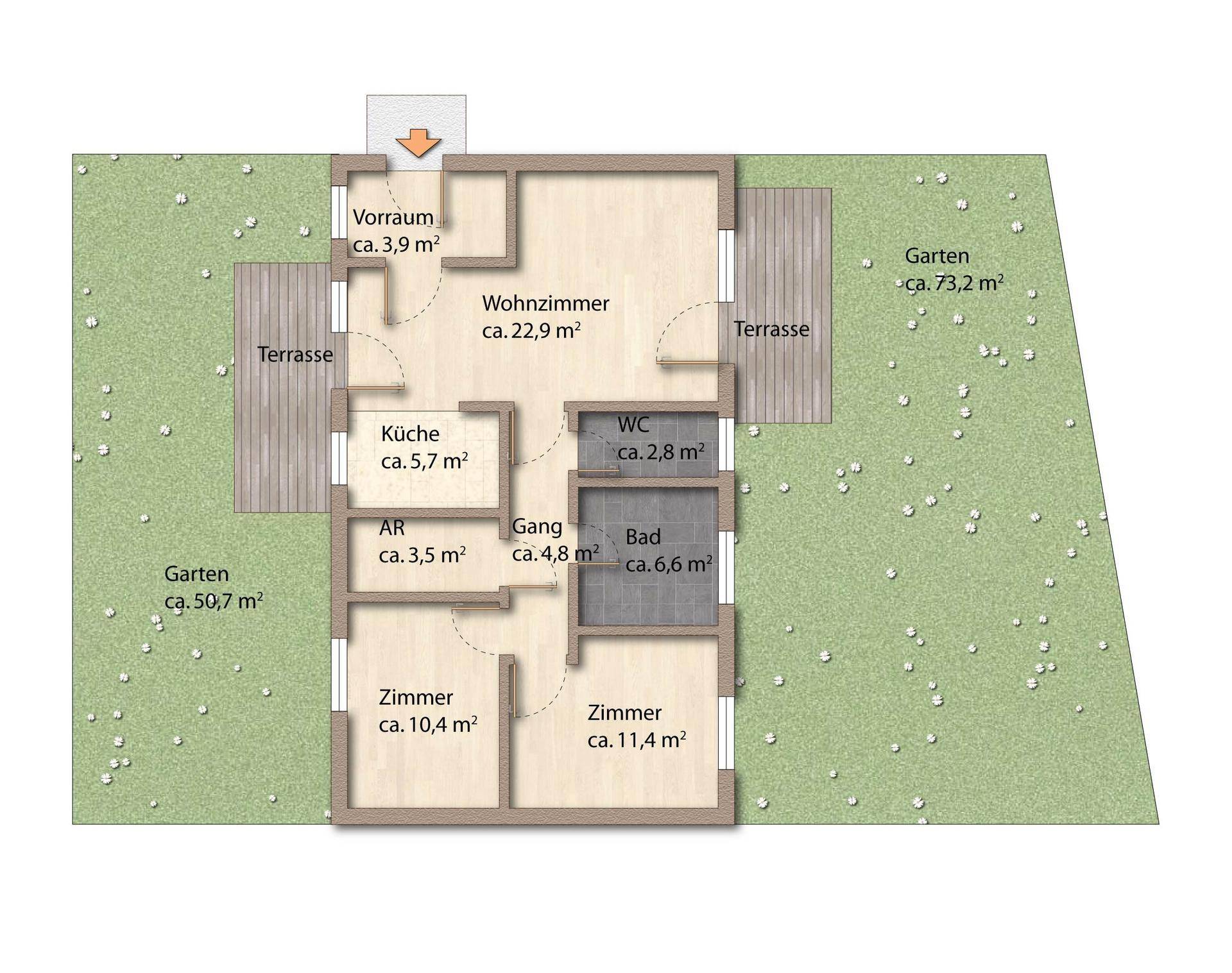 Grundriss des Erdgeschosses mit Wohnzimmer, Küche, zwei Zimmern und Garten.