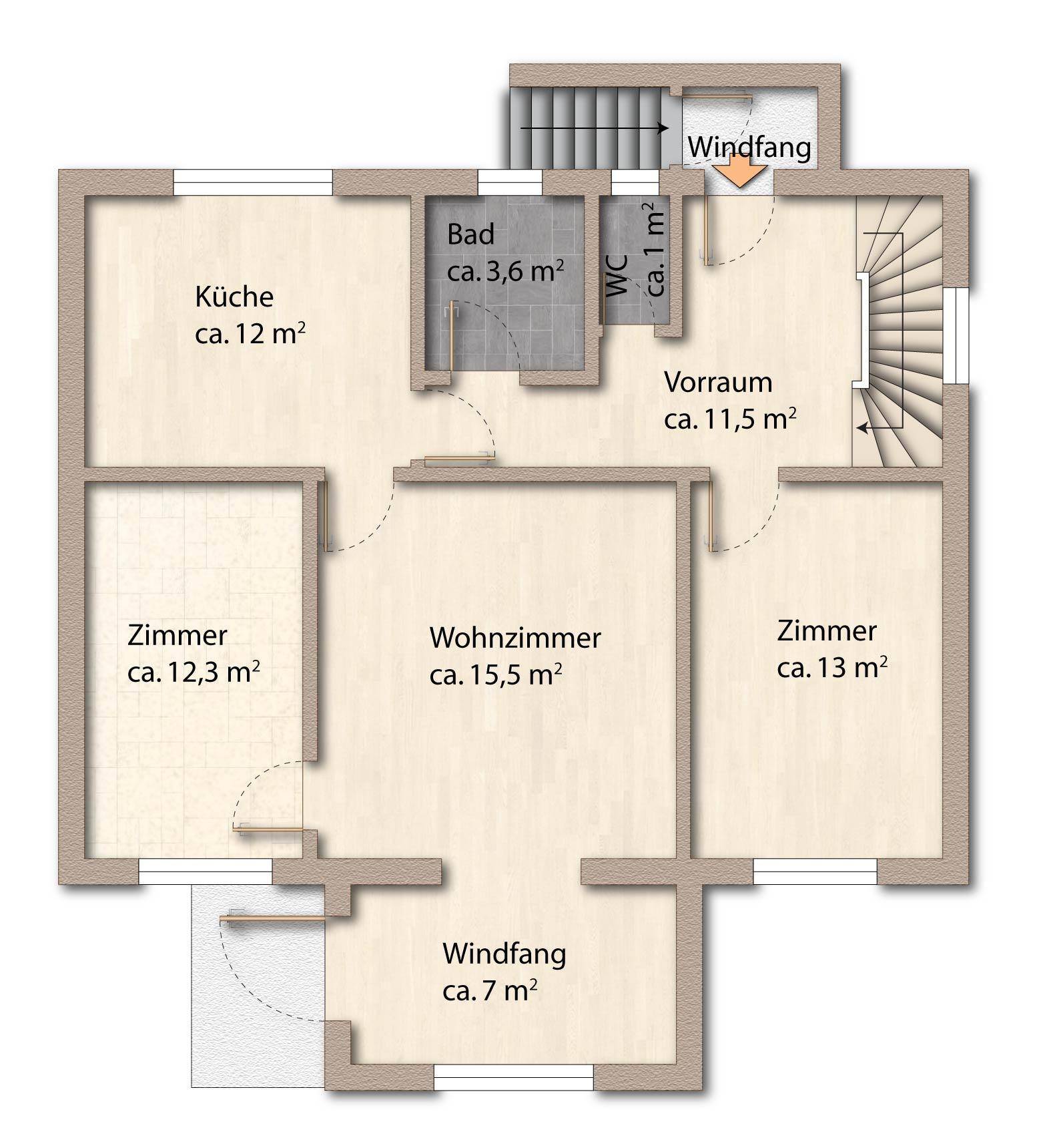 Grundriss des Erdgeschosses mit Küche, Bad, WC, Wohnzimmer und zwei weiteren Zimmern.