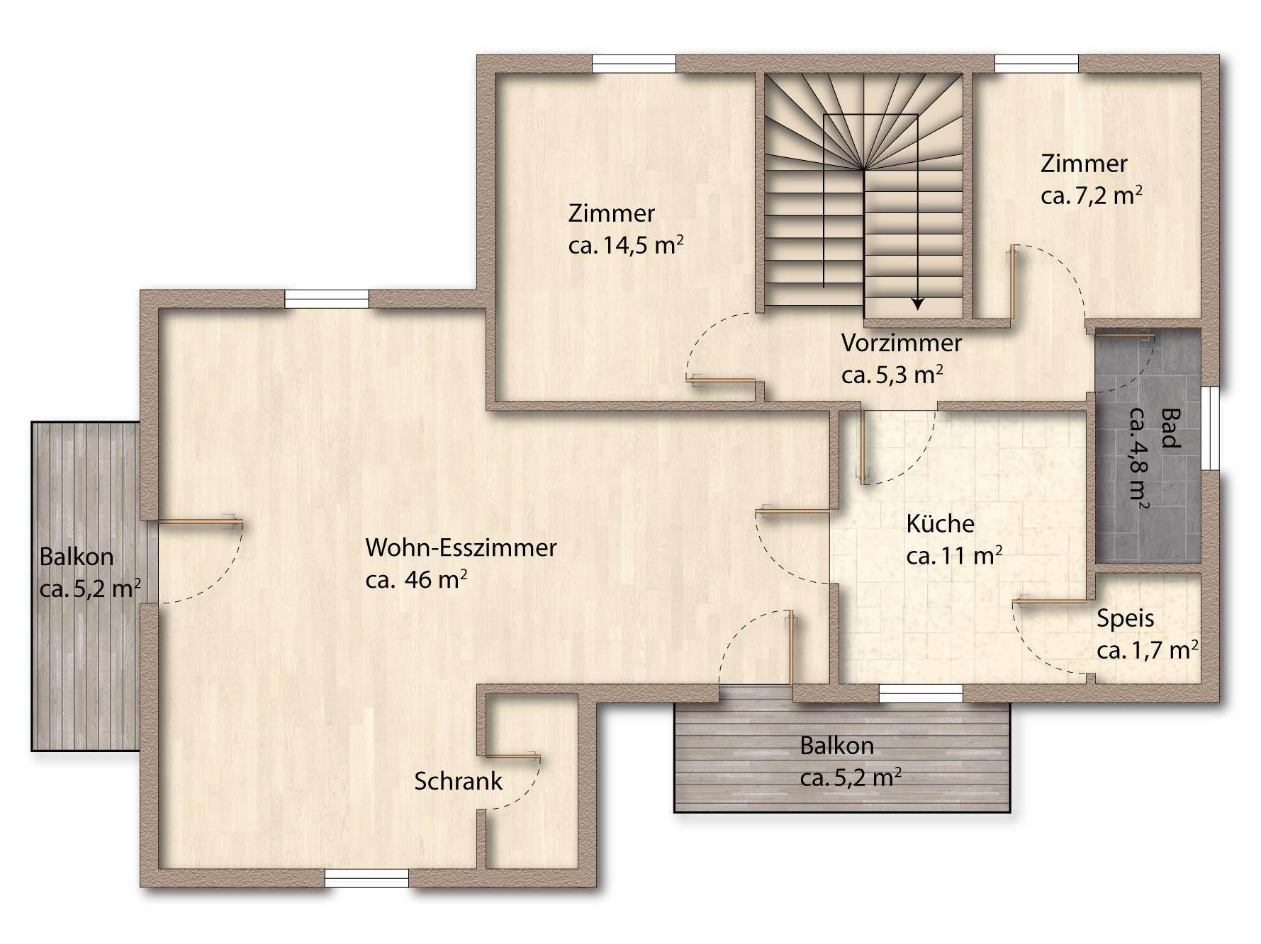 Grundriss des Obergeschosses mit Wohn-Esszimmer, Küche, Zimmern und zwei Balkonen.
