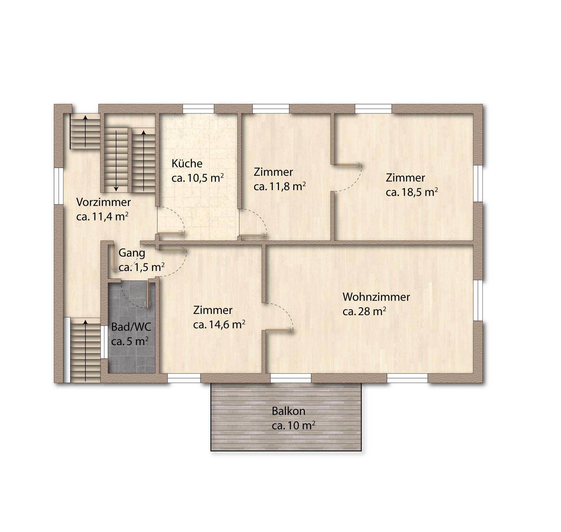 Grundriss des Obergeschosses mit Küche, Wohnzimmer, drei Zimmern und Balkon.