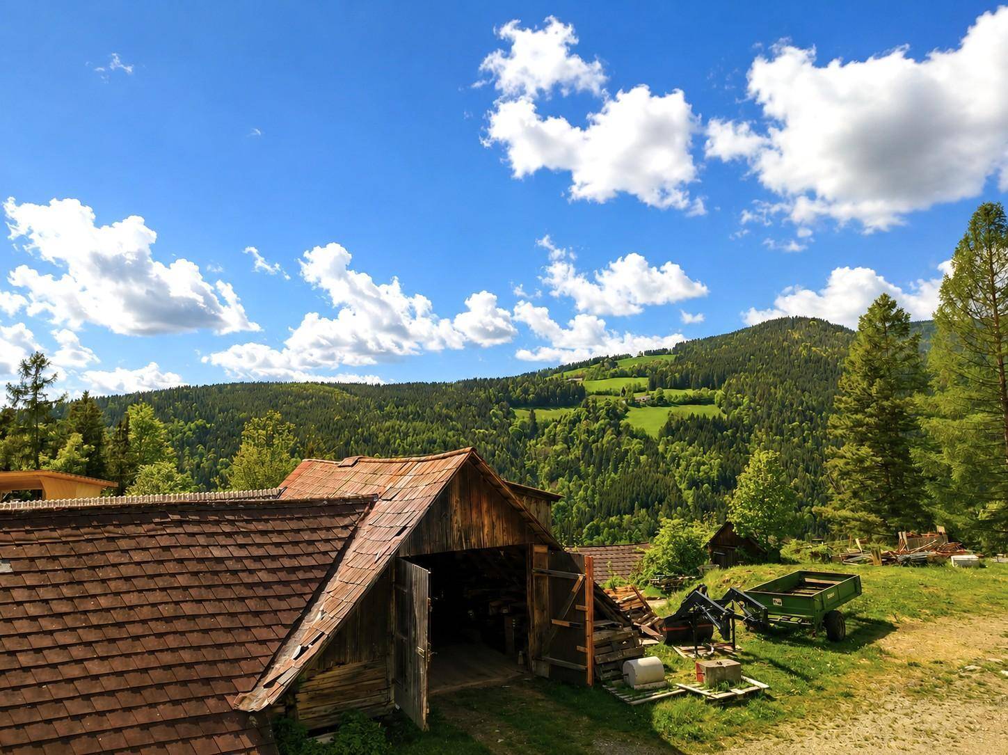 Ländliche Scheune mit Ziegeldach und landwirtschaftlichen Geräten vor bewaldeten Hügeln.