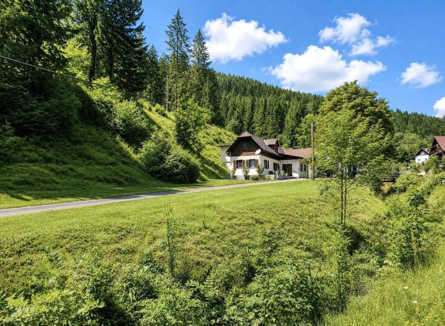 Weitläufige Ansicht des Hauses eingebettet in eine grüne, hügelige Waldlandschaft.