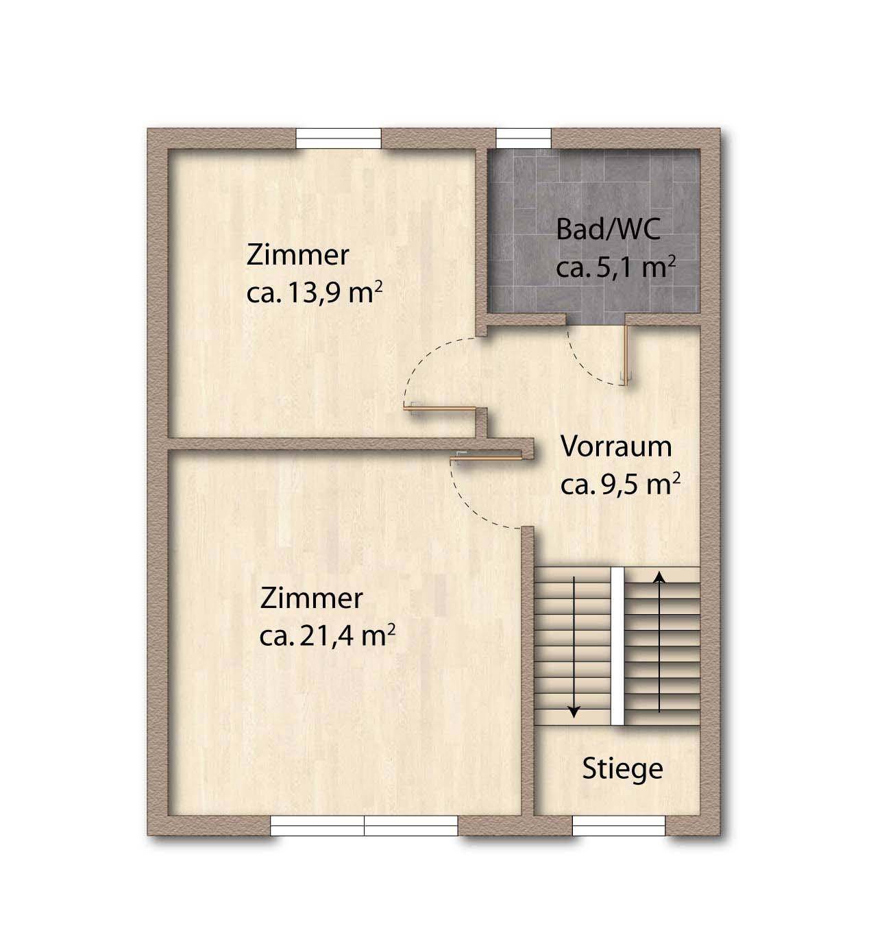 Grundriss des Obergeschosses mit zwei Zimmern, Vorraum und Bad mit WC.