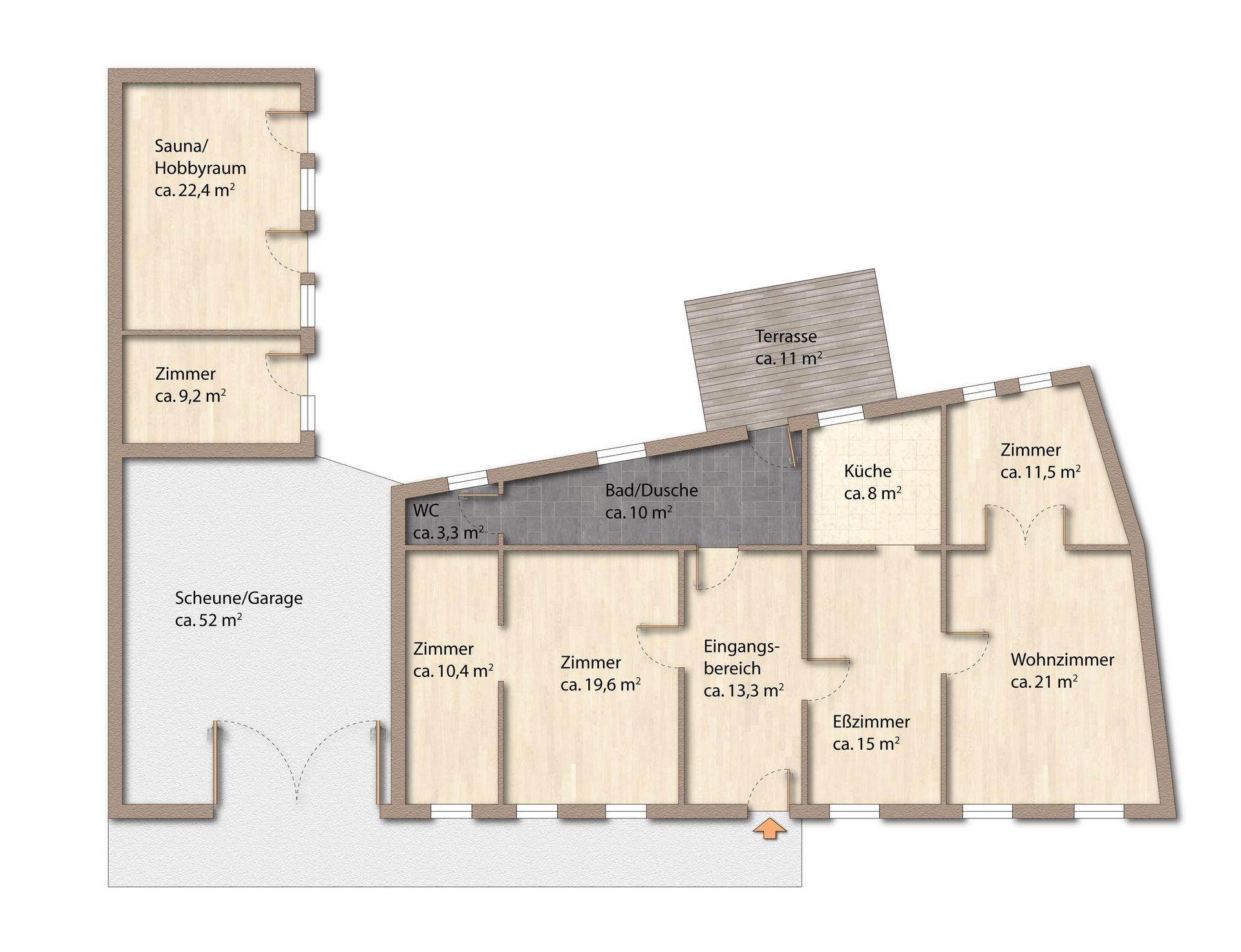 Detaillierter Grundriss mit verschiedenen Räumen, Sauna, Garage und einer Terrasse.