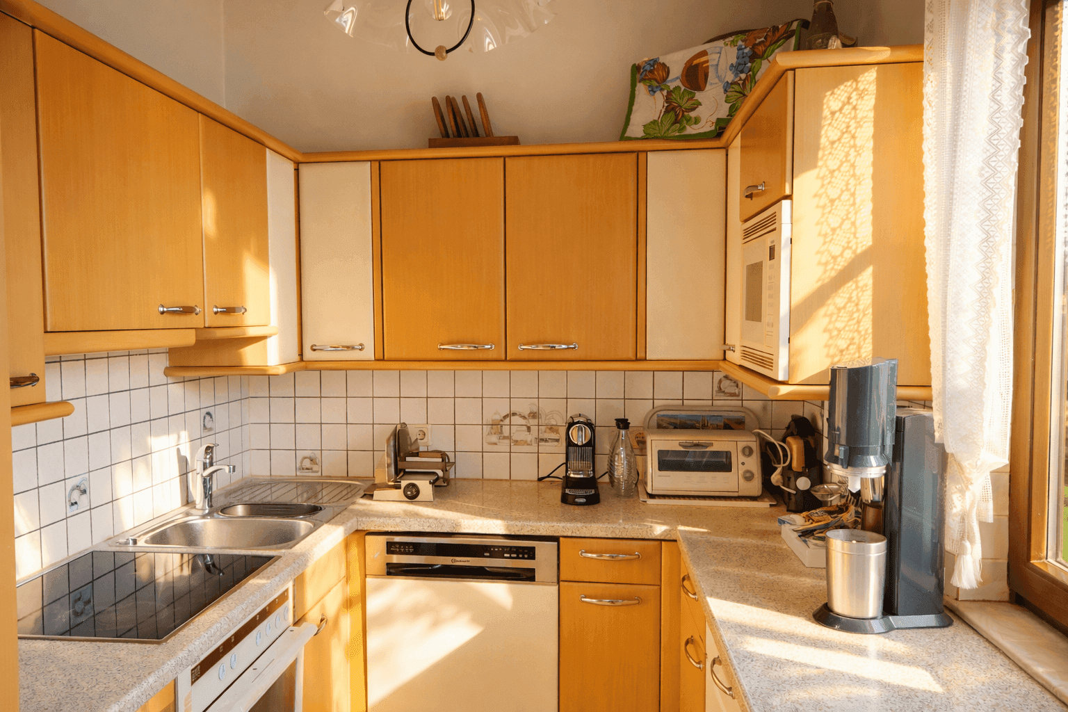 Helle Küche mit Holzschränken, weißen Fronten, Fliesenrückwand und modernen Geräten.